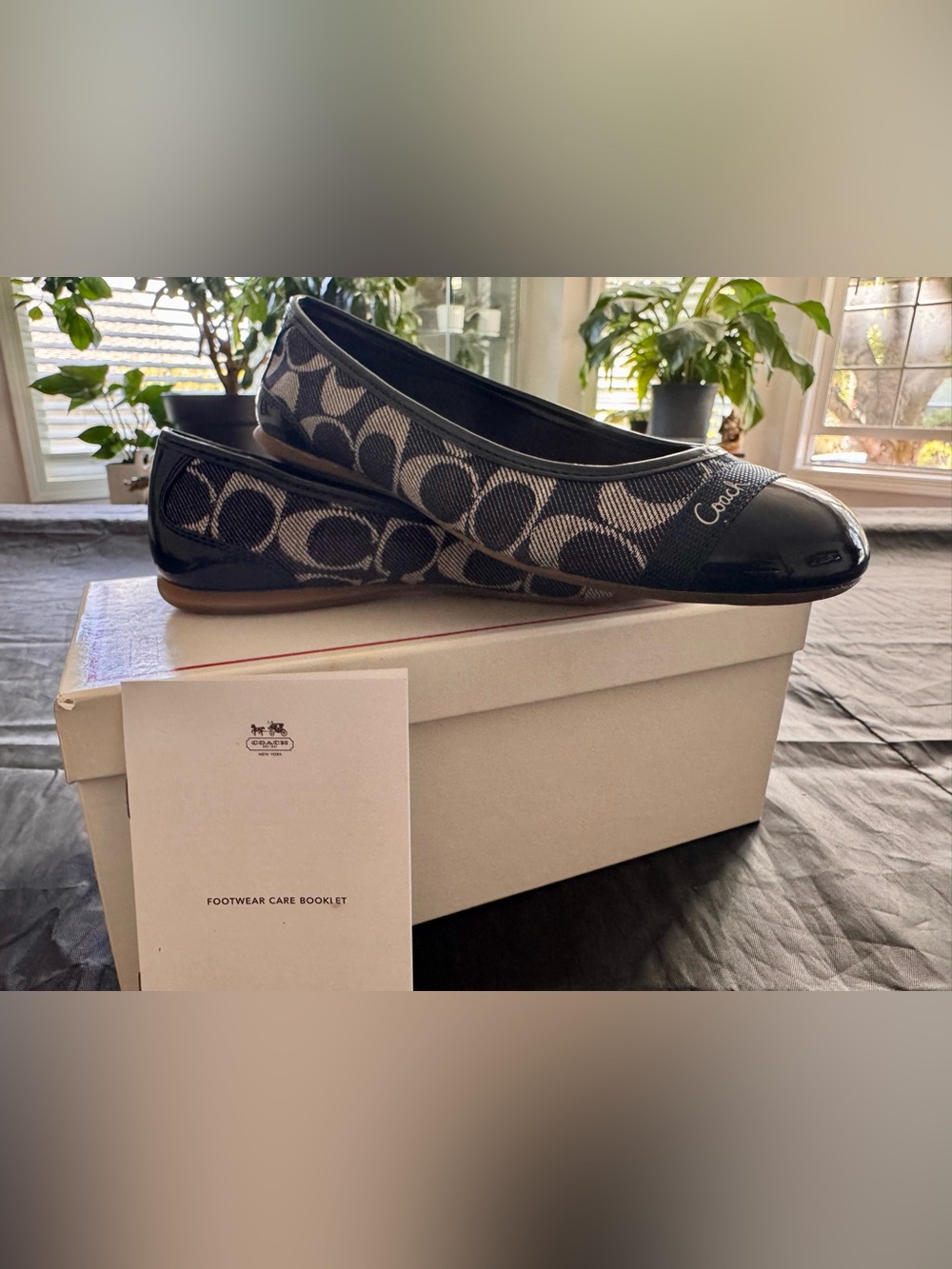 Coach Dark Indigo and Navy Signature Canvas Ballet Flats with Patent Toe